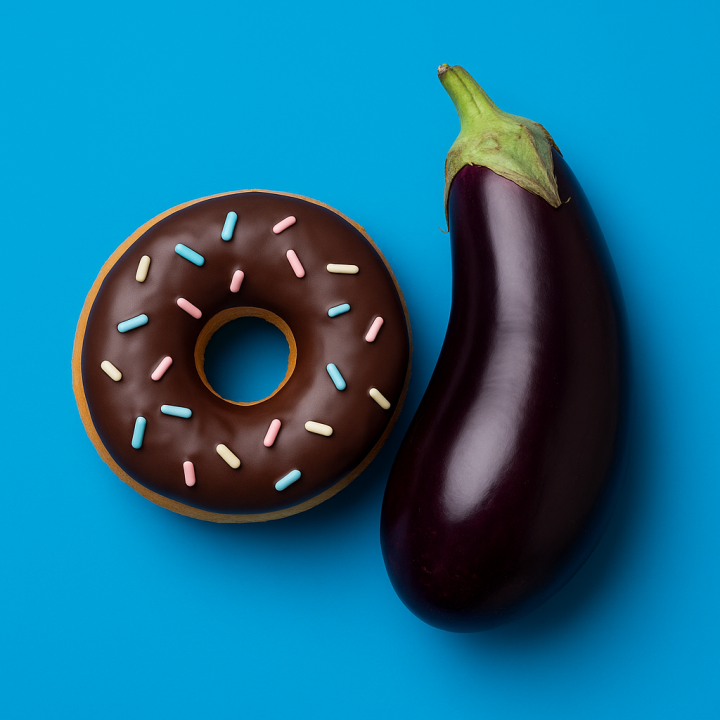 Blauwe achtergrond met een donut en aubergine