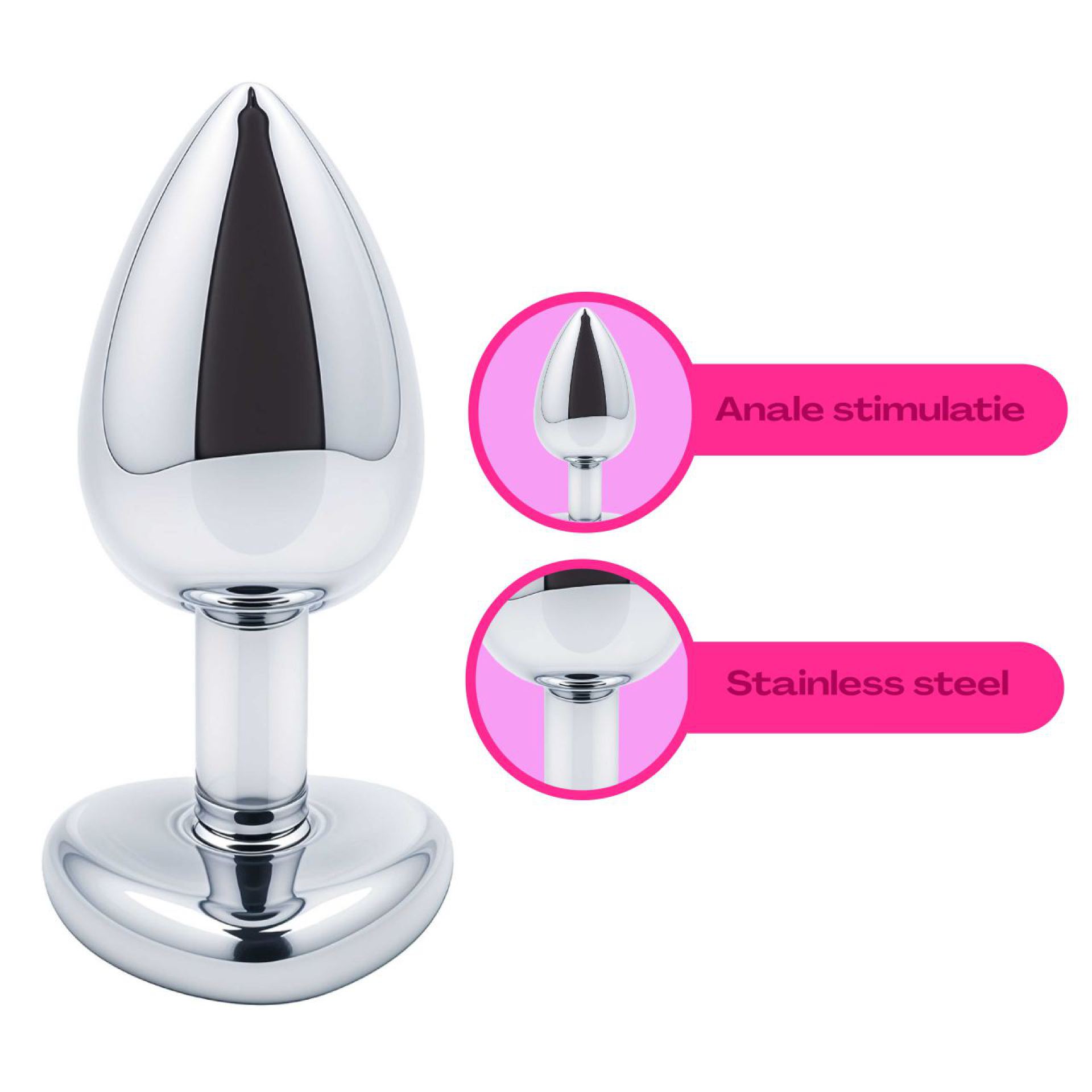 roze Hartje Metalen butt plug Zilver Diamant