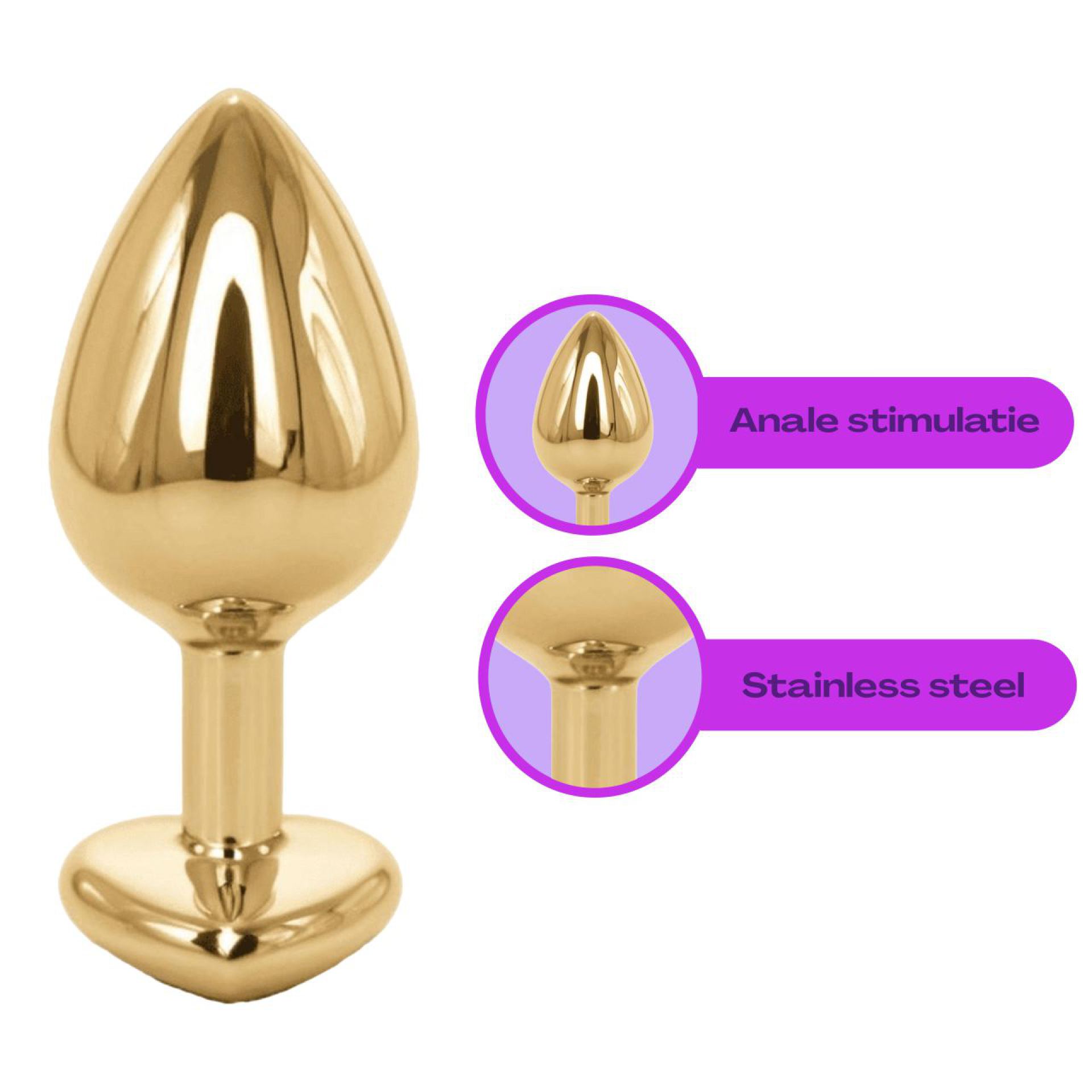 Metalen butt plug Hartje Goud Diamant paars