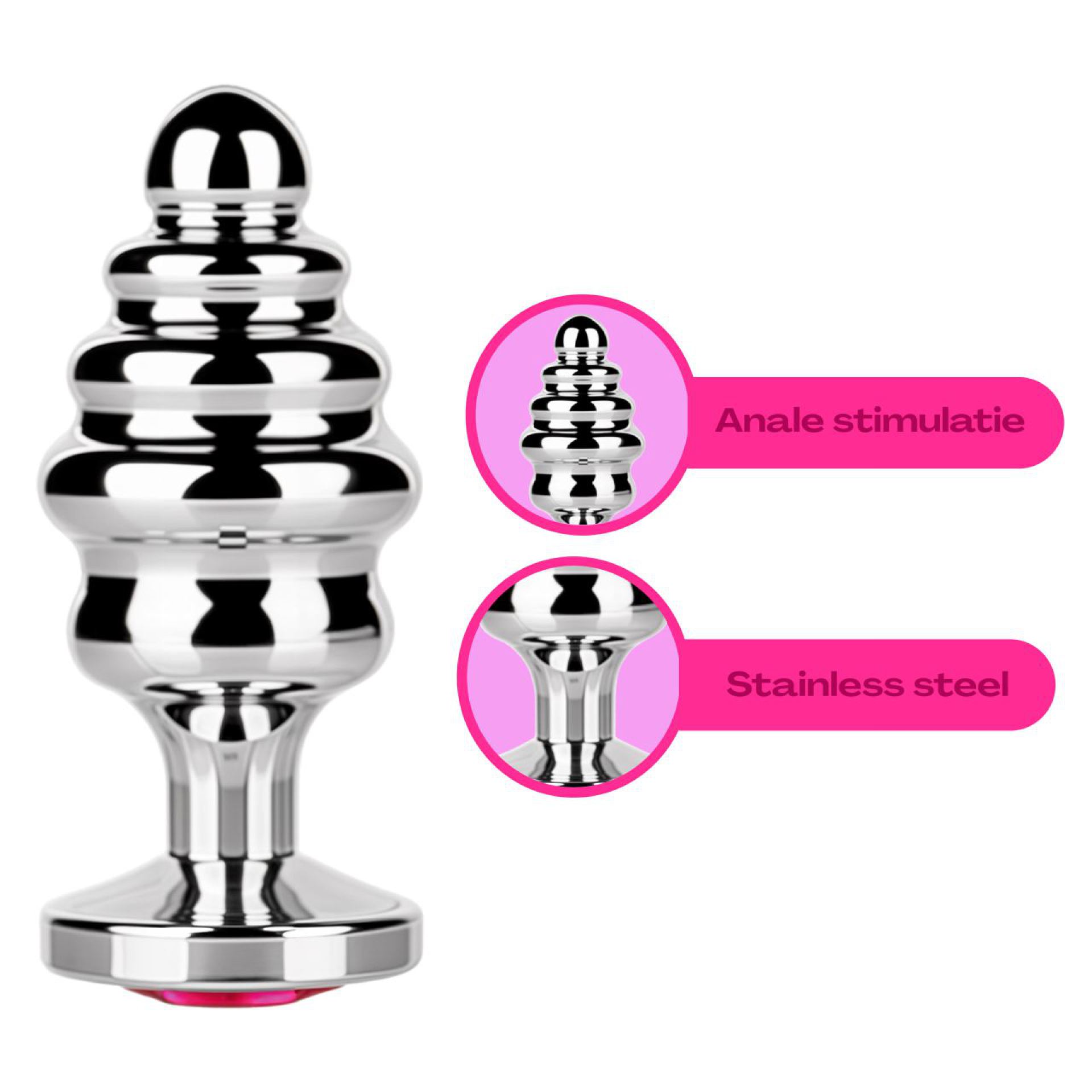 Buttplug metaal ribbel lichtroze diamant