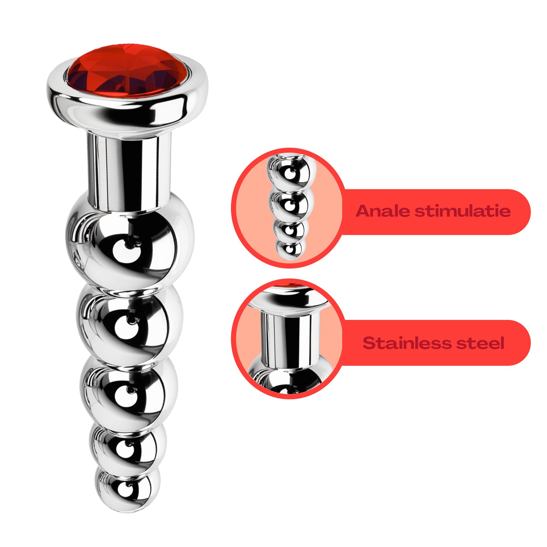 butt plug Metaal Zilver Diamant rood Beads