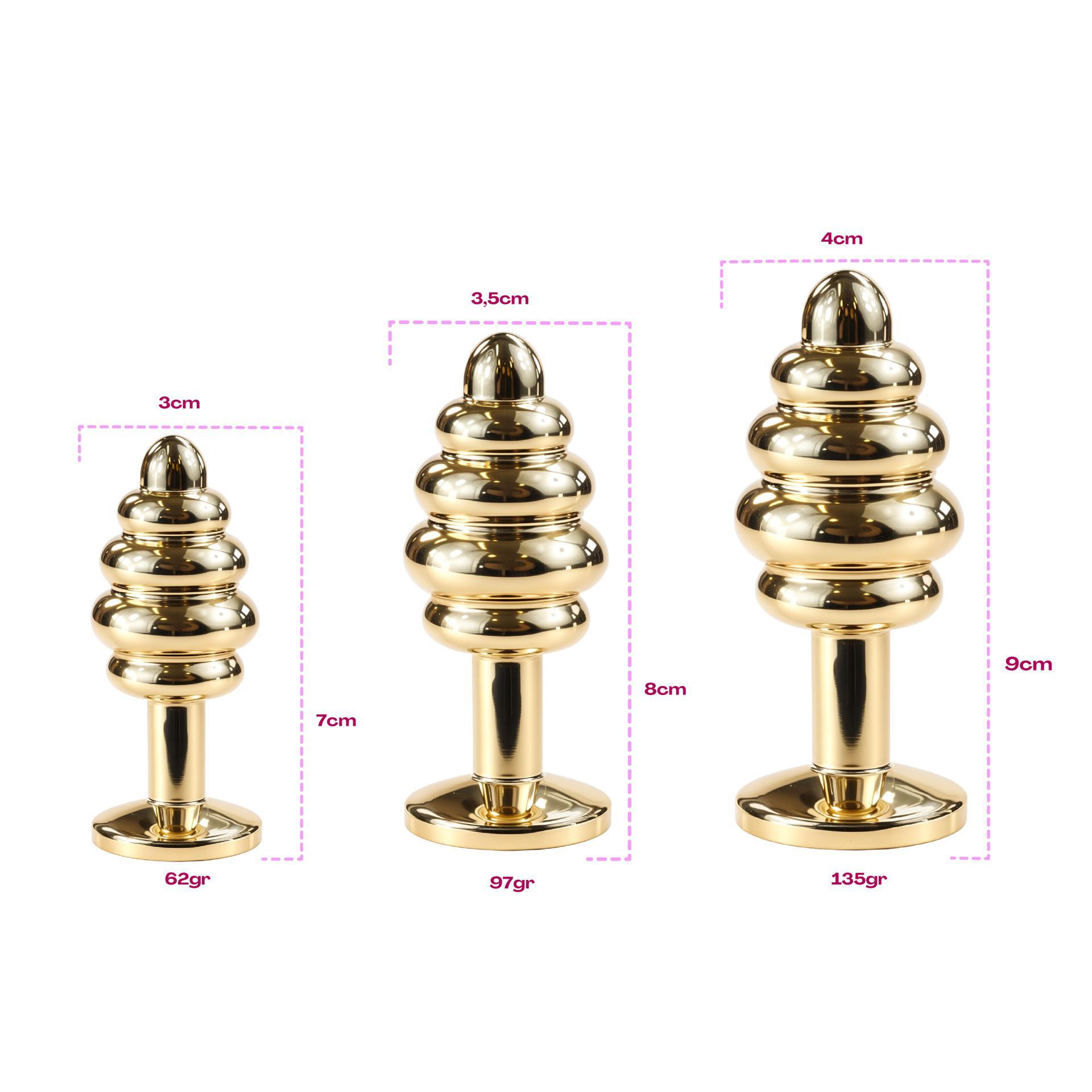 Metalen butt plug goud lichtroze diamant
