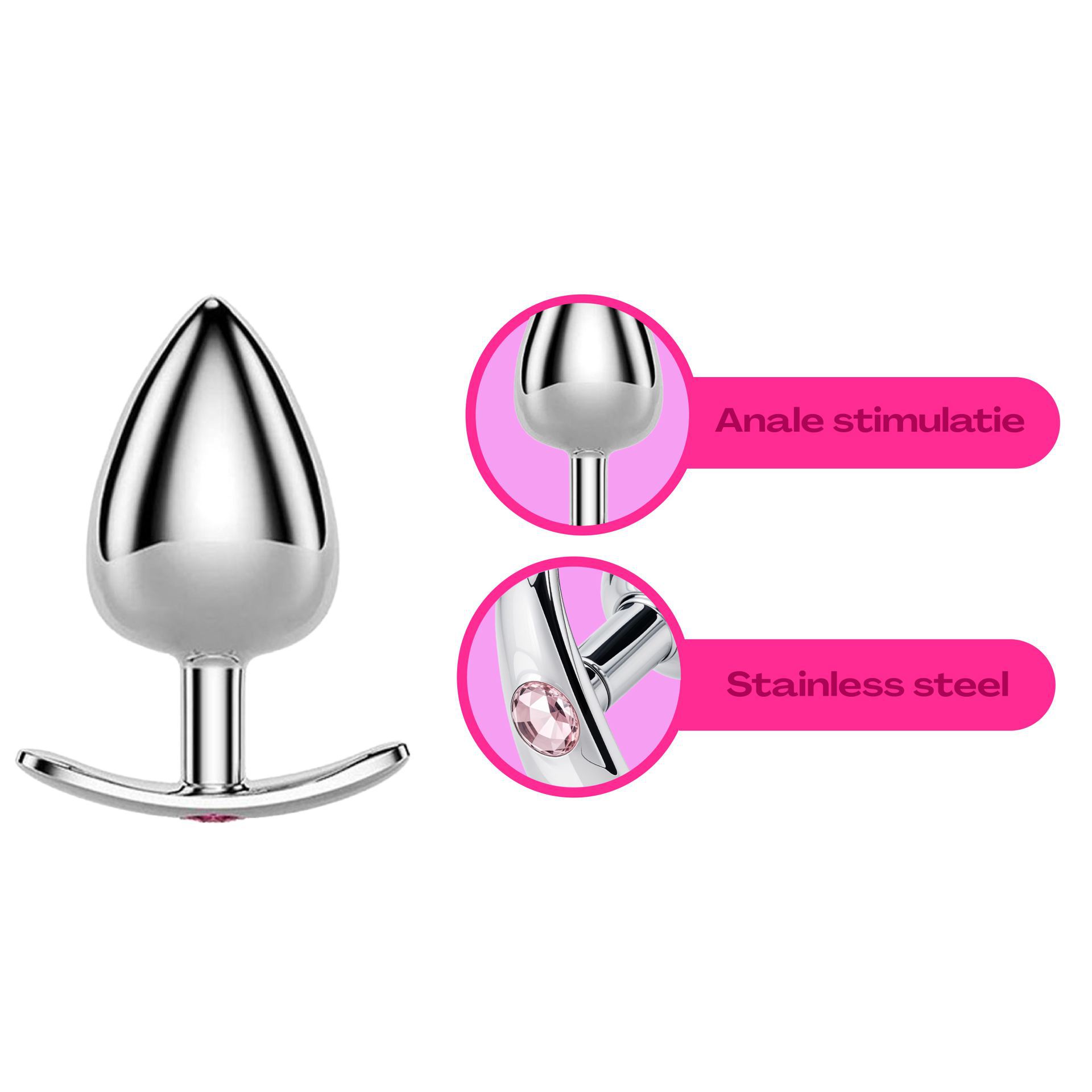1metalen butt plug zilver lichtroze diamant