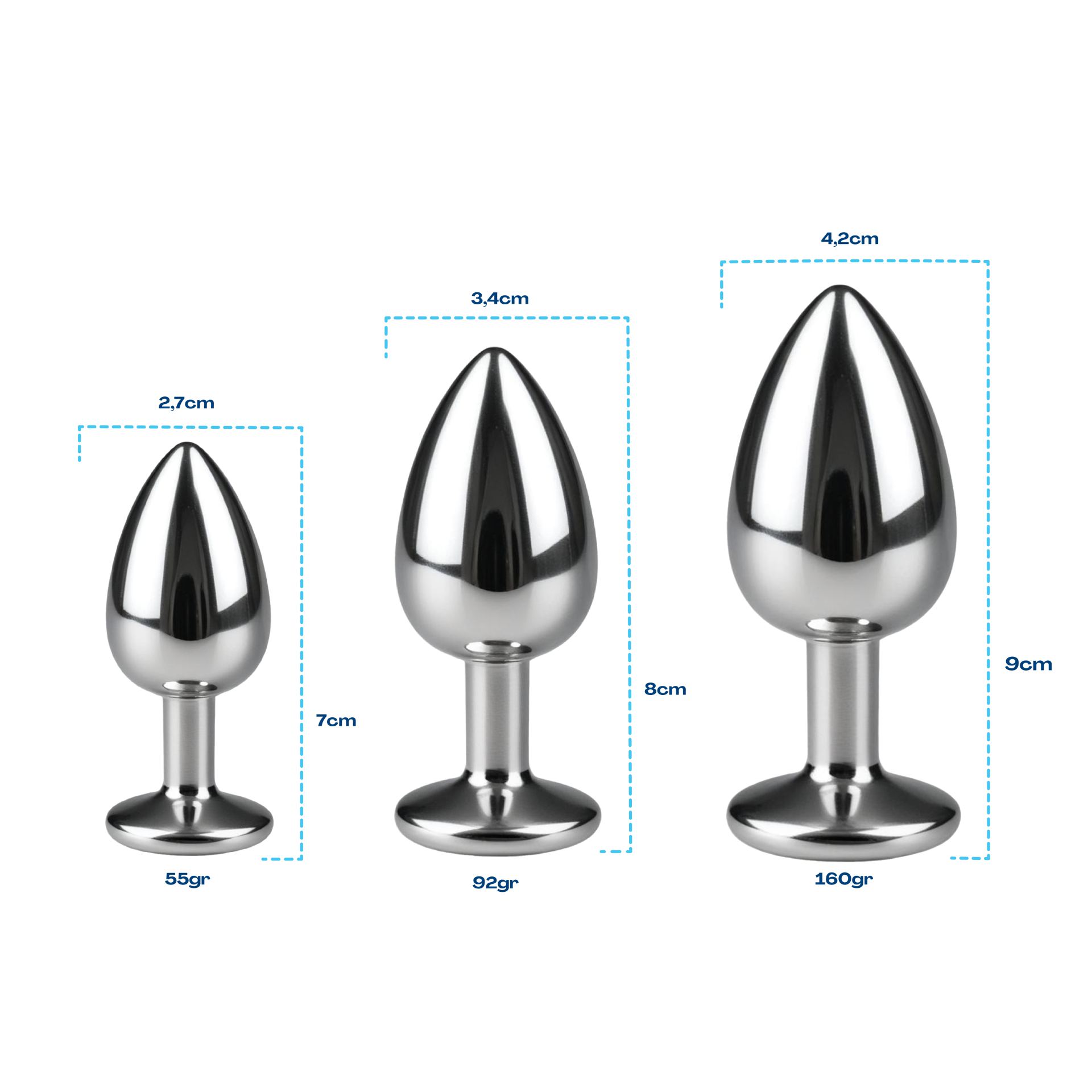 Metalen butt plug set van 3 zilver wit