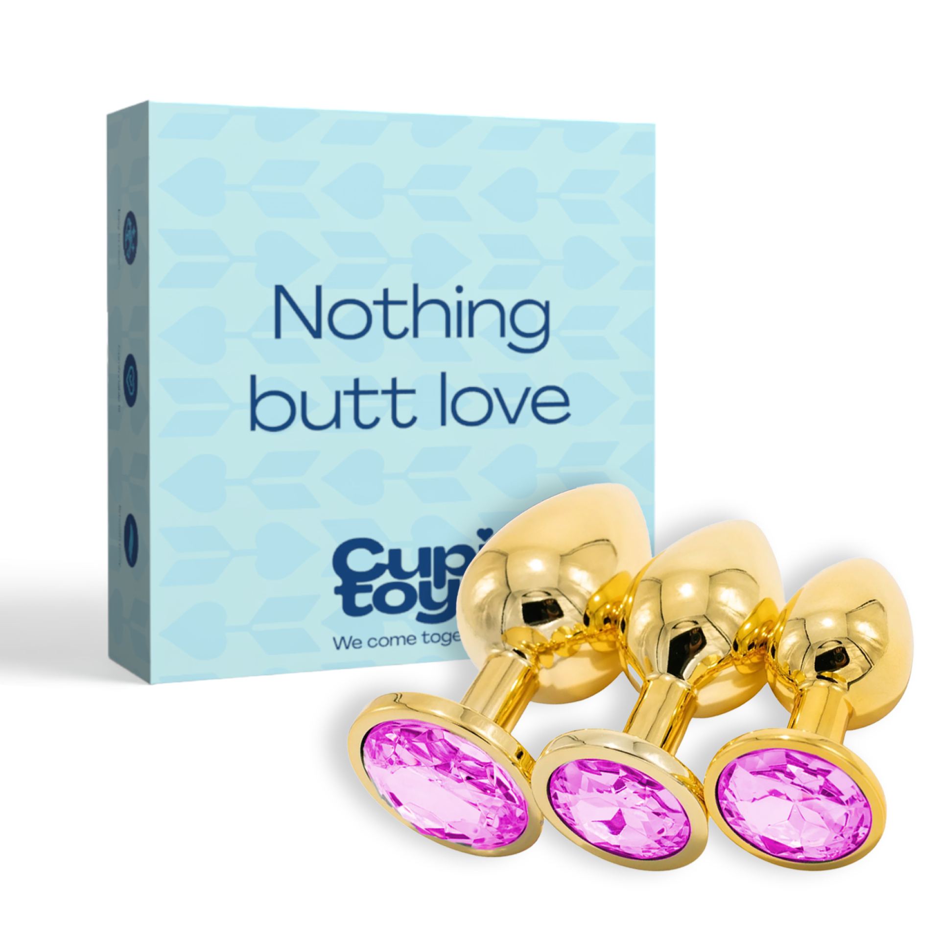 Metalen butt plug set van 3 goud diamant roze