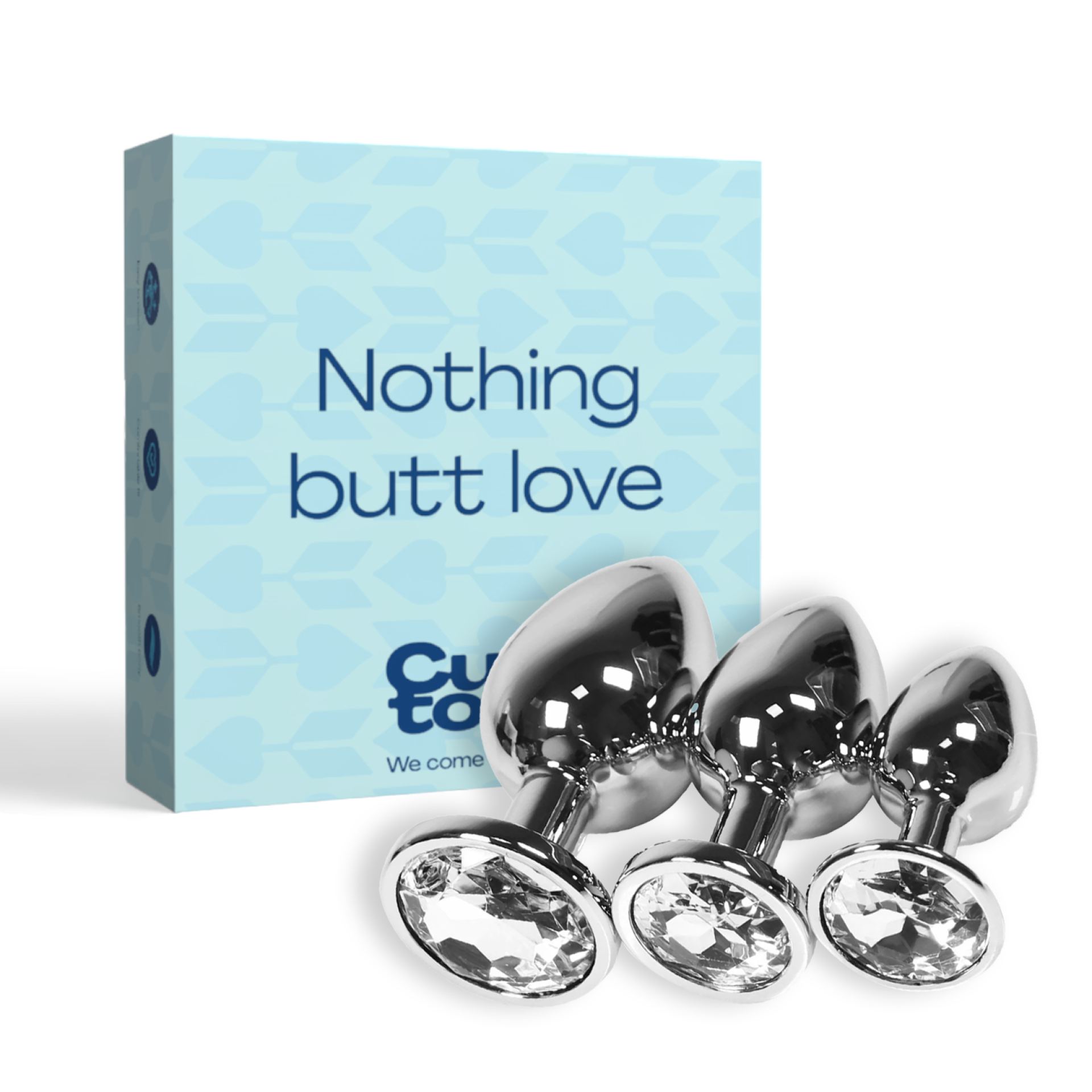 Metalen butt plug set van 3 zilver diamant wit