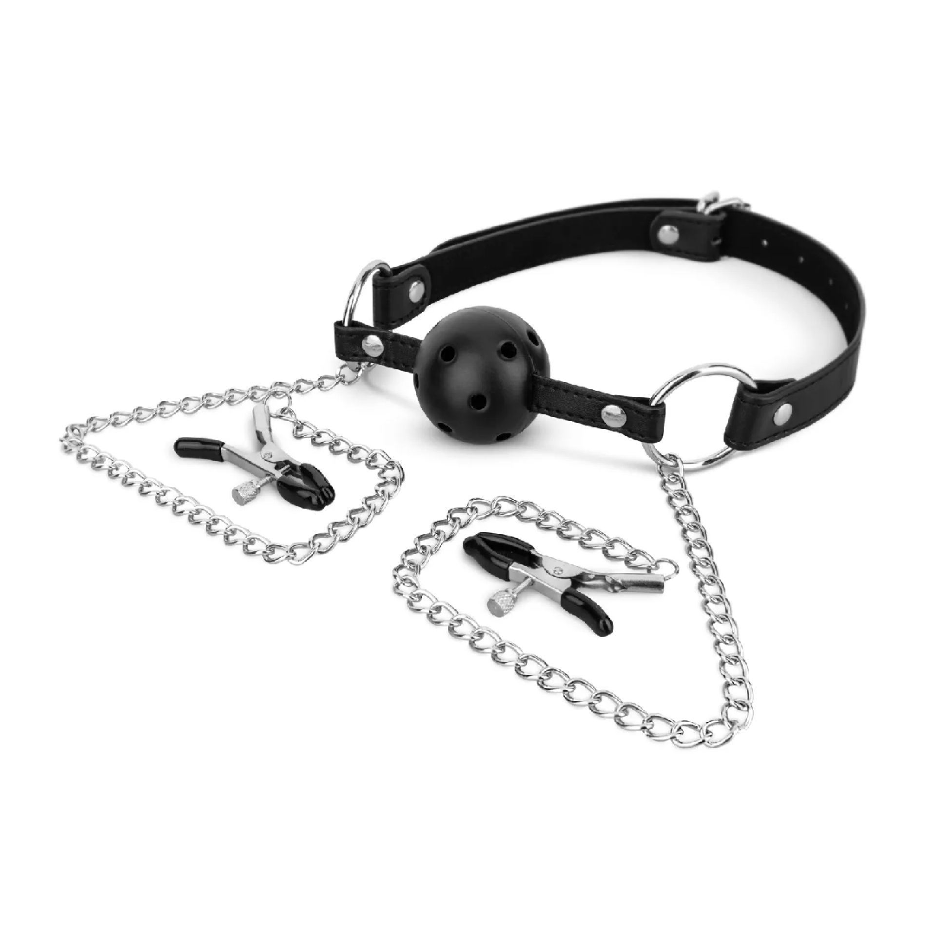 Tepelklemmen ball gag zilver zwart