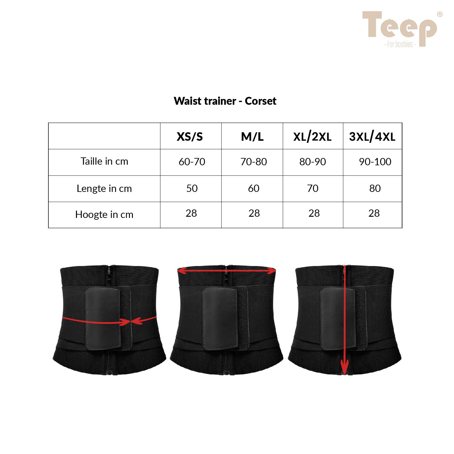 Waist trainer corset zwart Teep® tabel