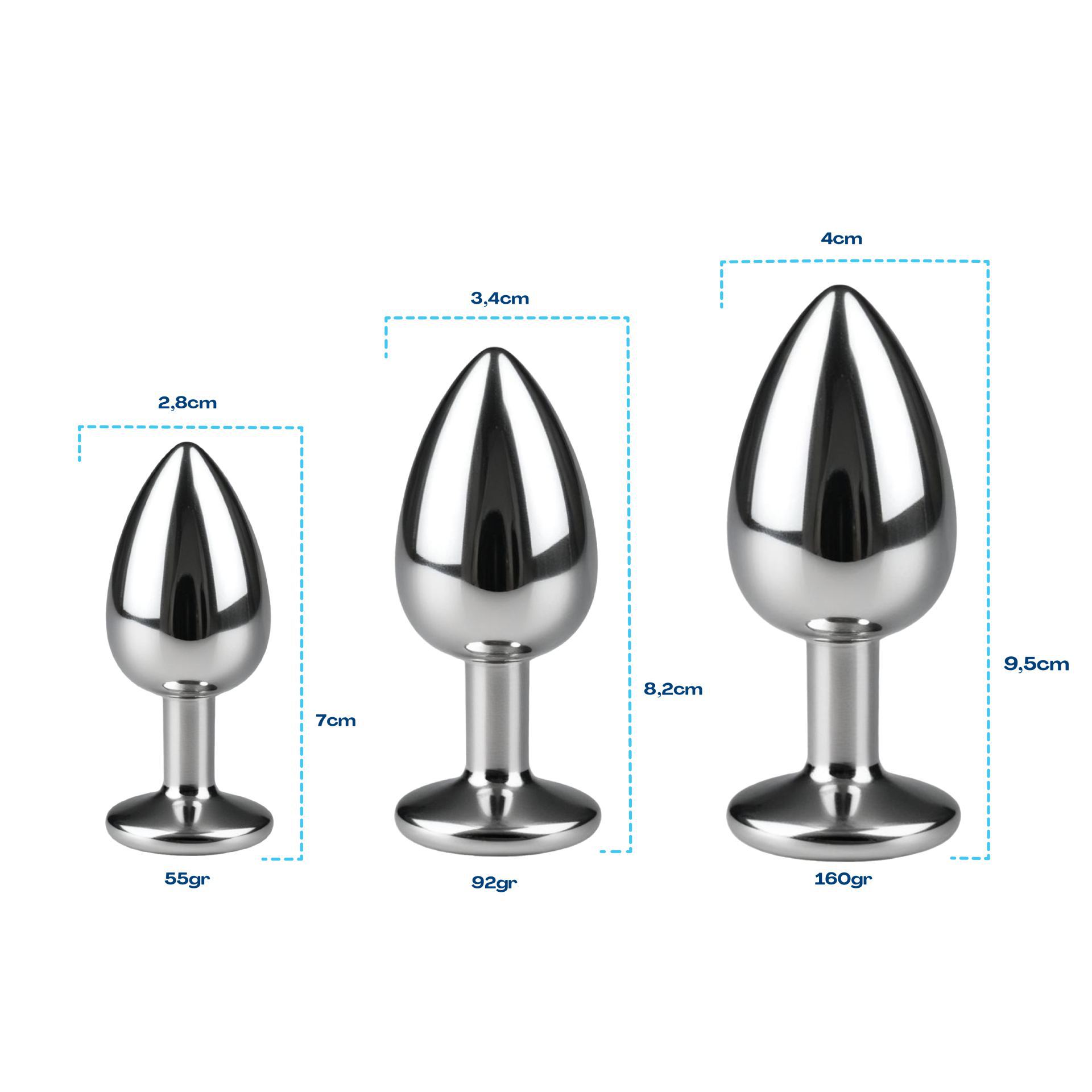 Metalen butt plug zilver diamant wit maten