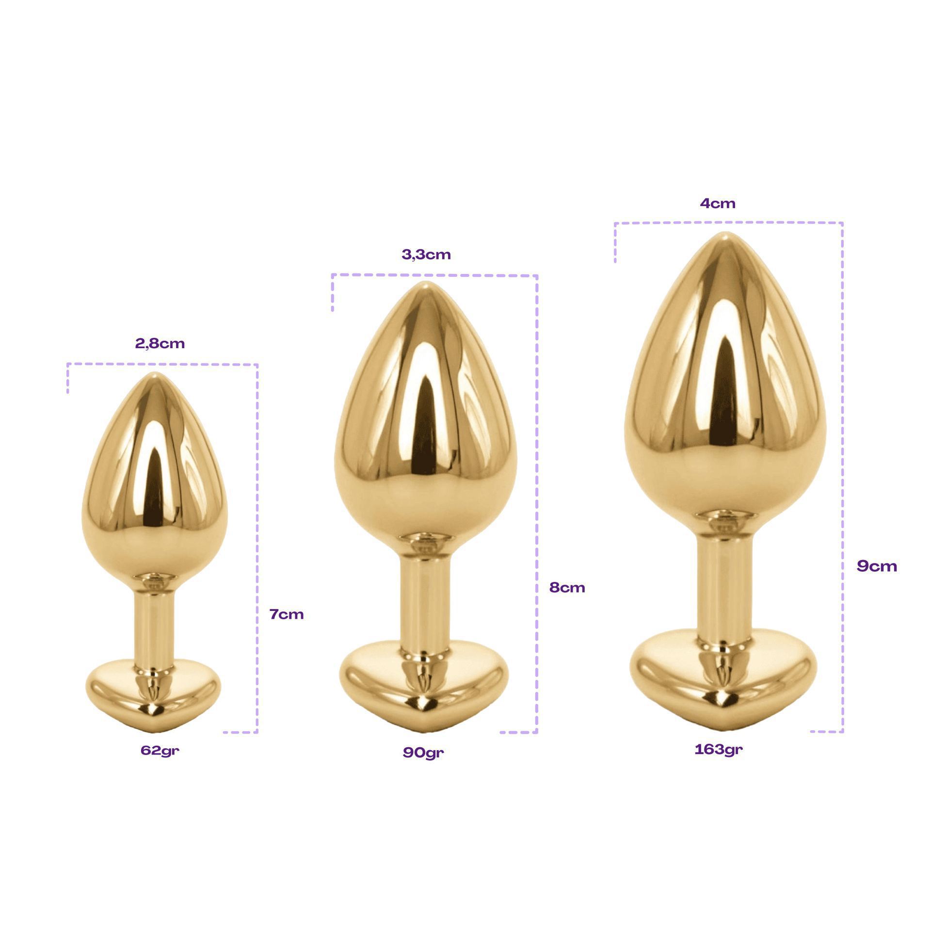 Butt plug goud diamant paars hartje maten