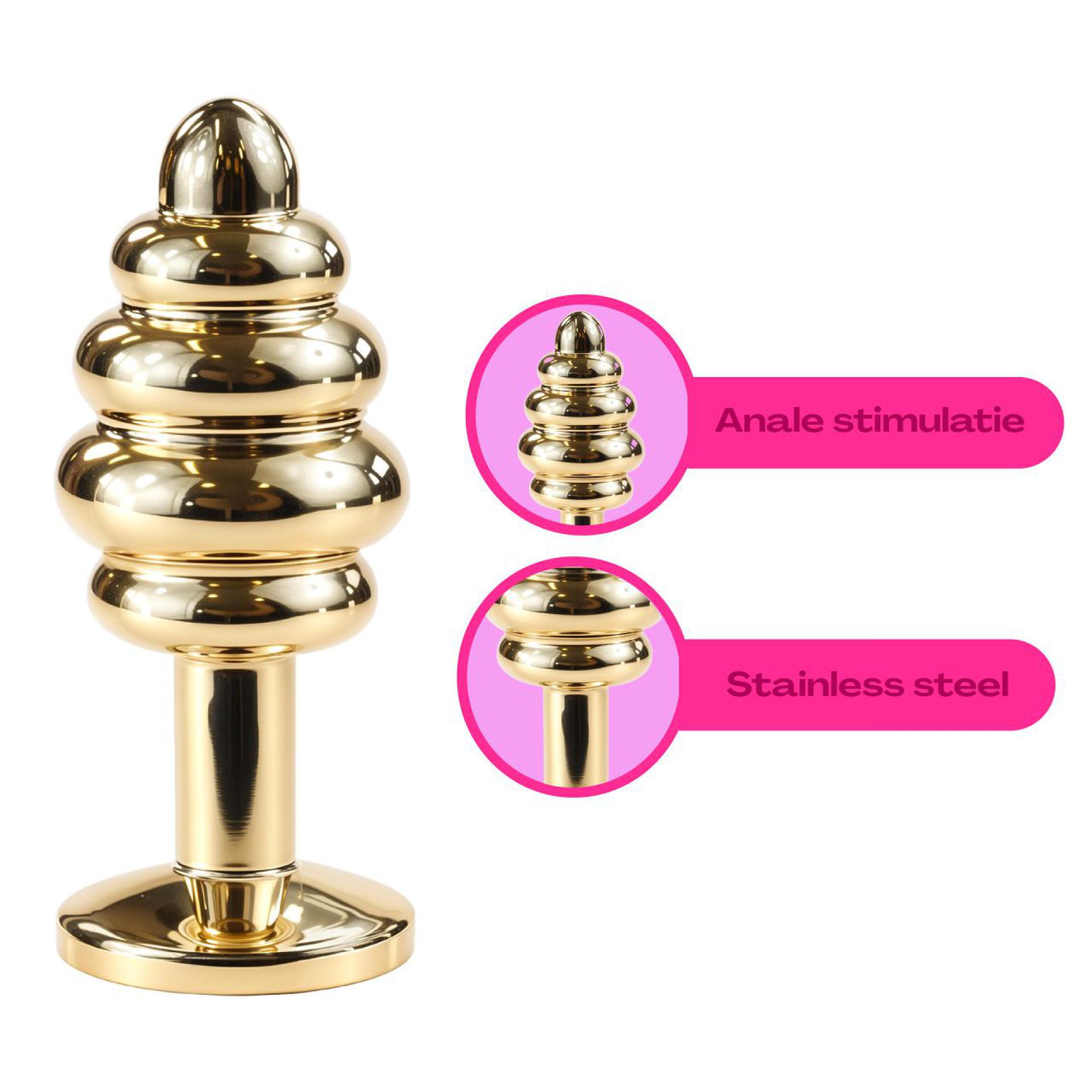 Butt plug goud lichtroze geribbeld uitleg