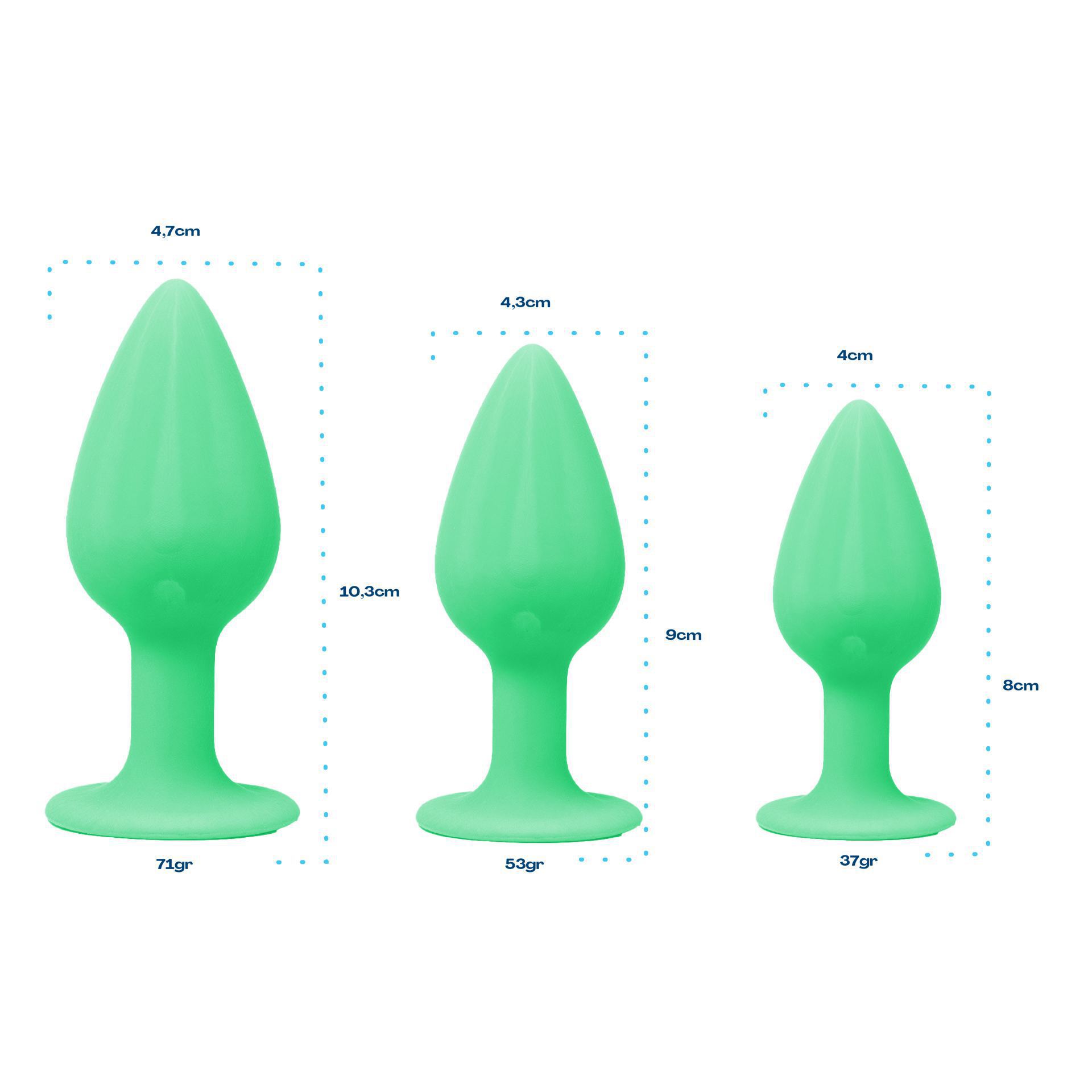 Buttplug set groot groen glow in the dark maat