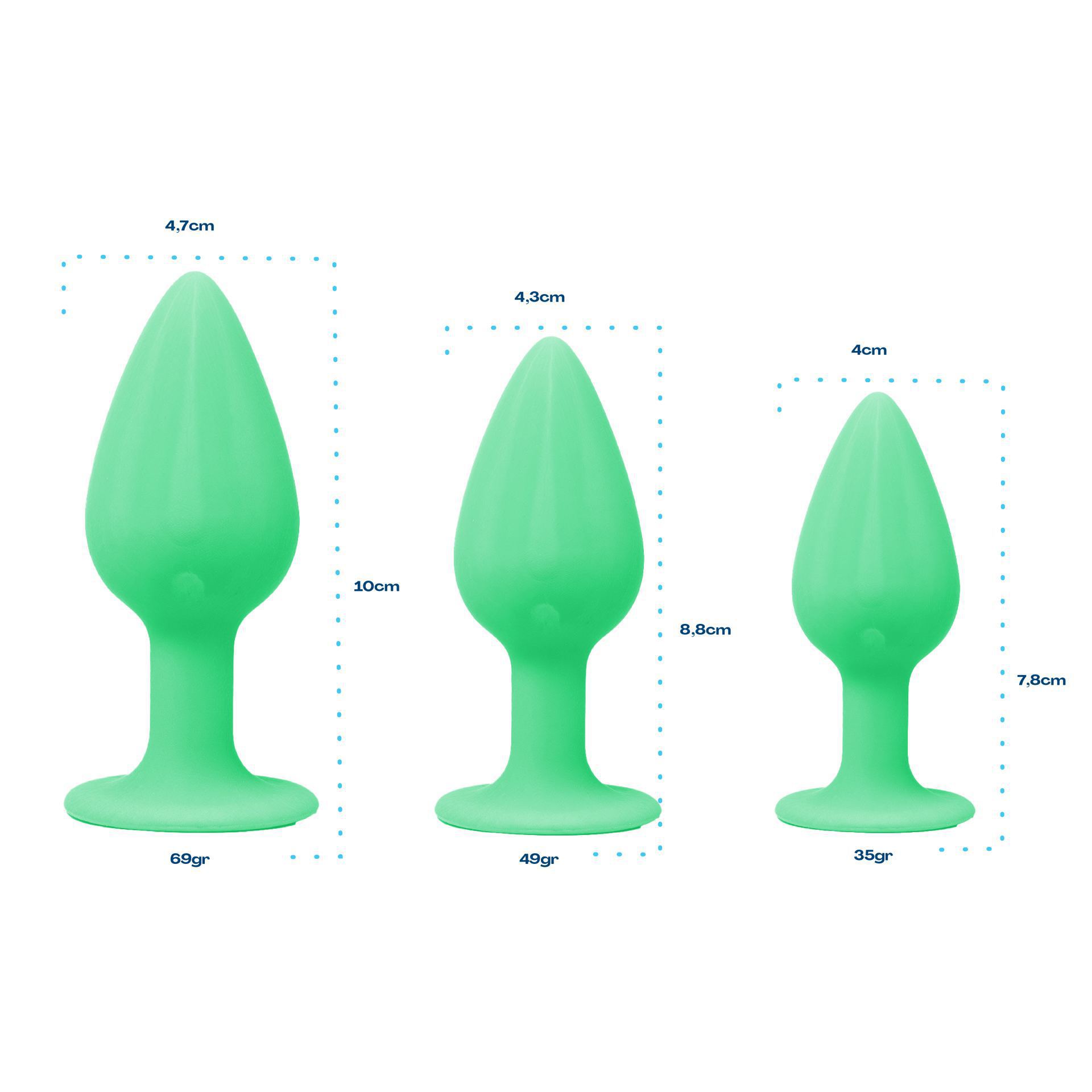 Buttplugset medium groen glowinthe dark maat