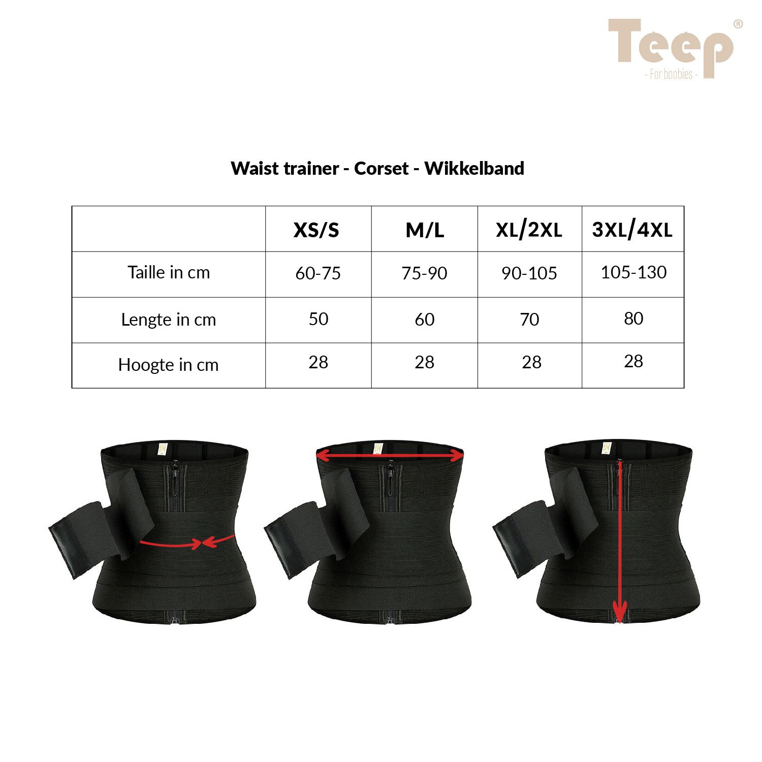 Waist trainer corset wikkelband zwart tabel