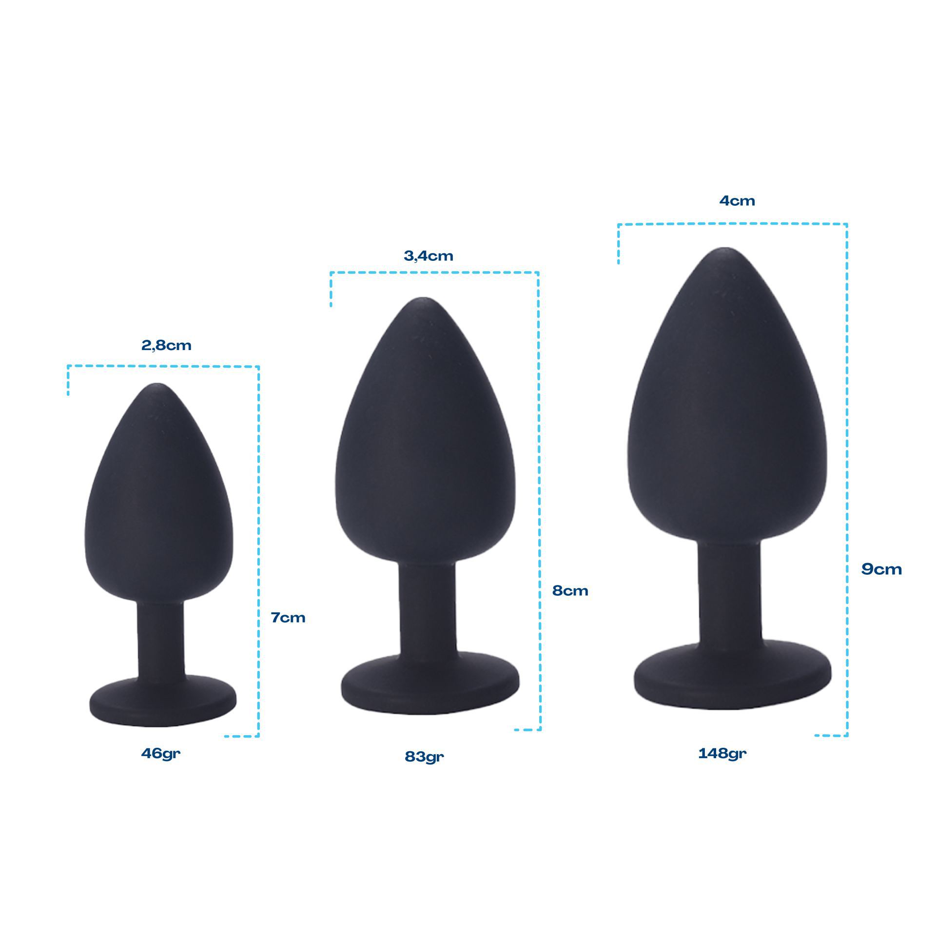 Butt plug set van 3 diamant zwart maten
