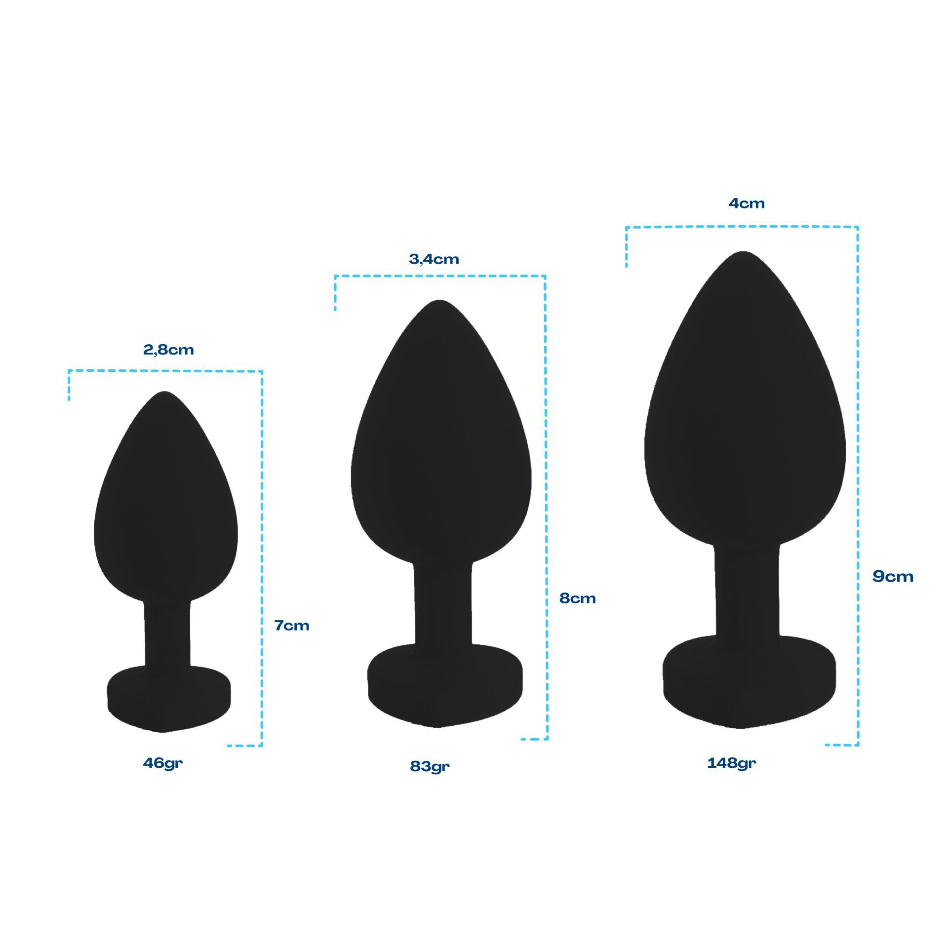 Buttplug set van 3 diamant zwart hartje maat