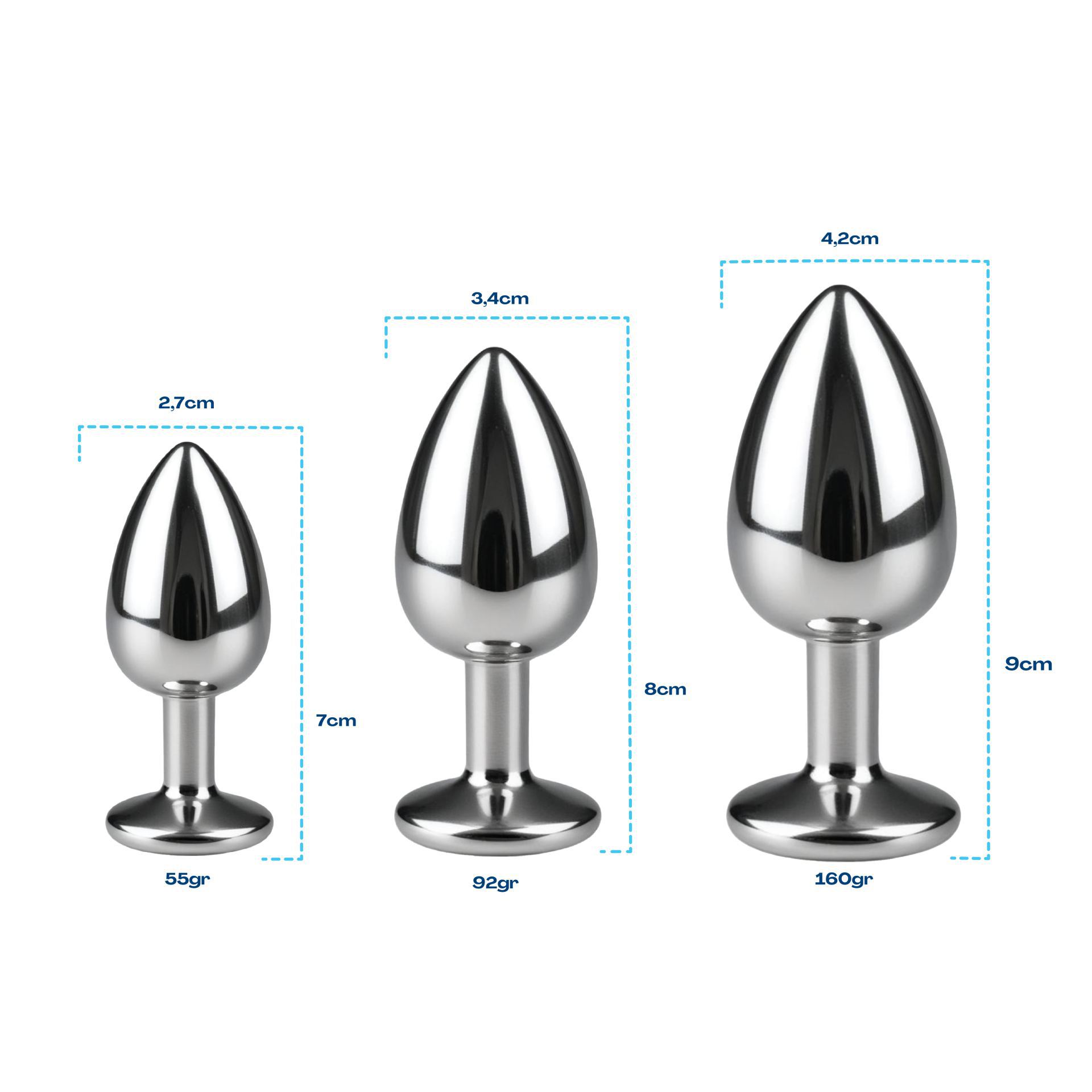 Buttplug set van 3 zilver diamant wit maten