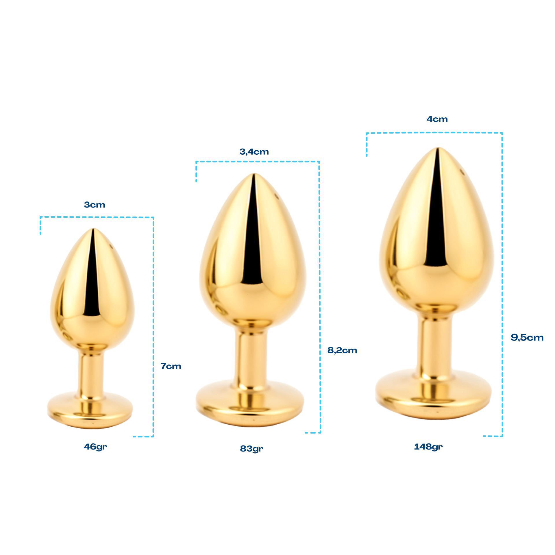Buttplug set van 3 goud diamant roze maten