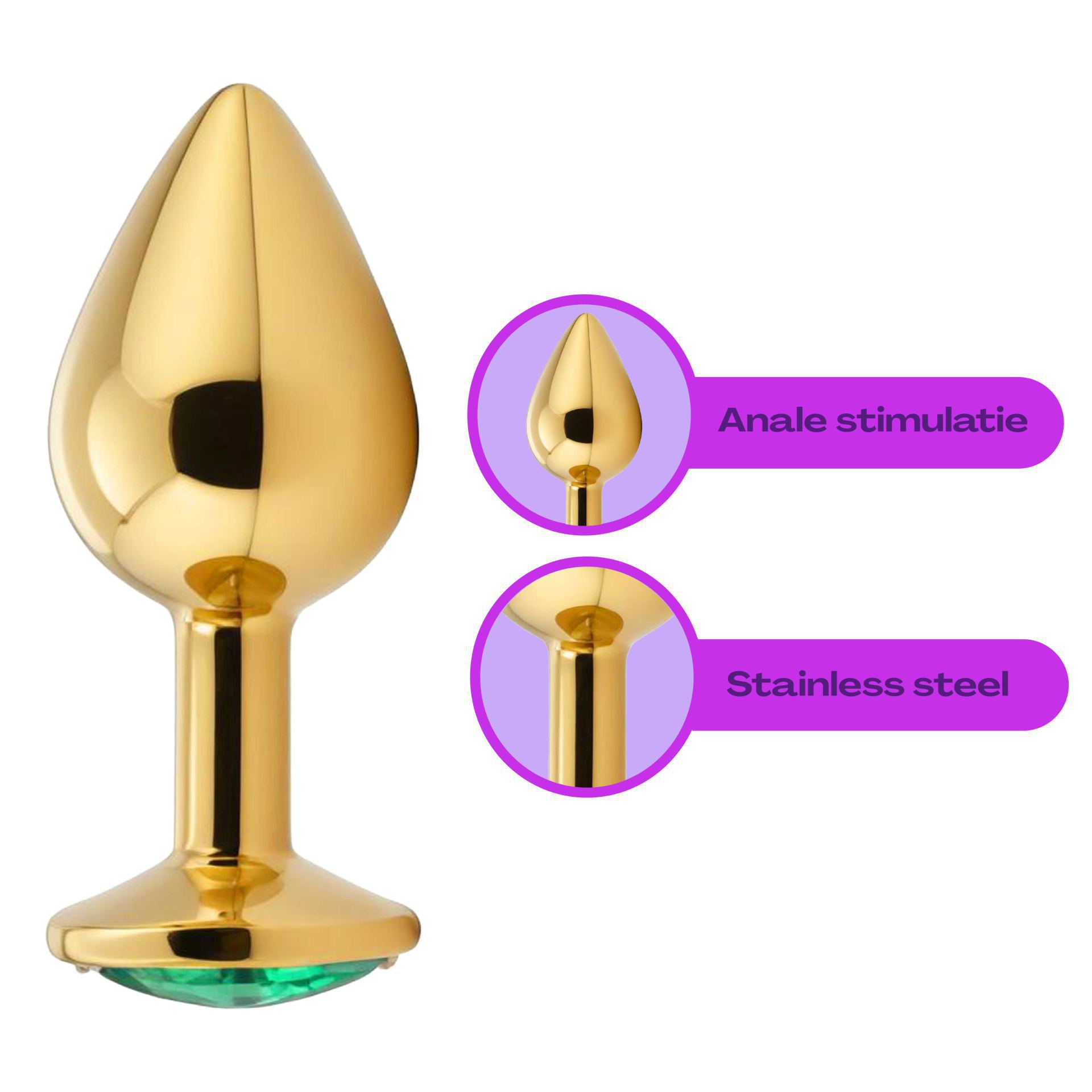 Metalen buttplug goud diamant groen uitleg