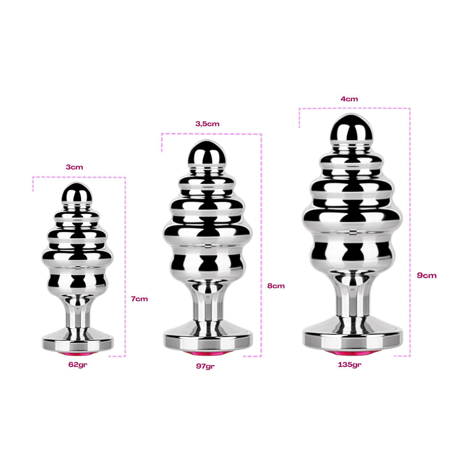 Buttplug zilver diamant roze geribbeld maten