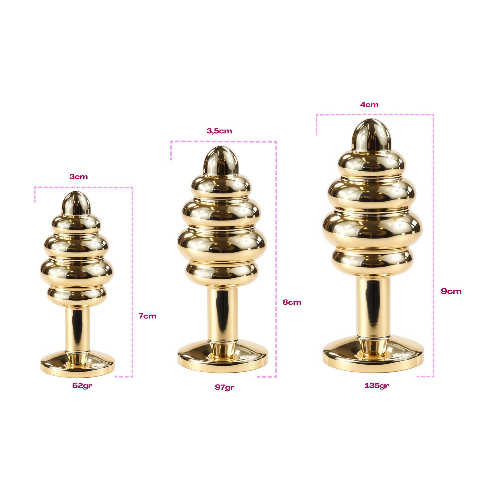 Buttplug goud diamant roze geribbeld maten