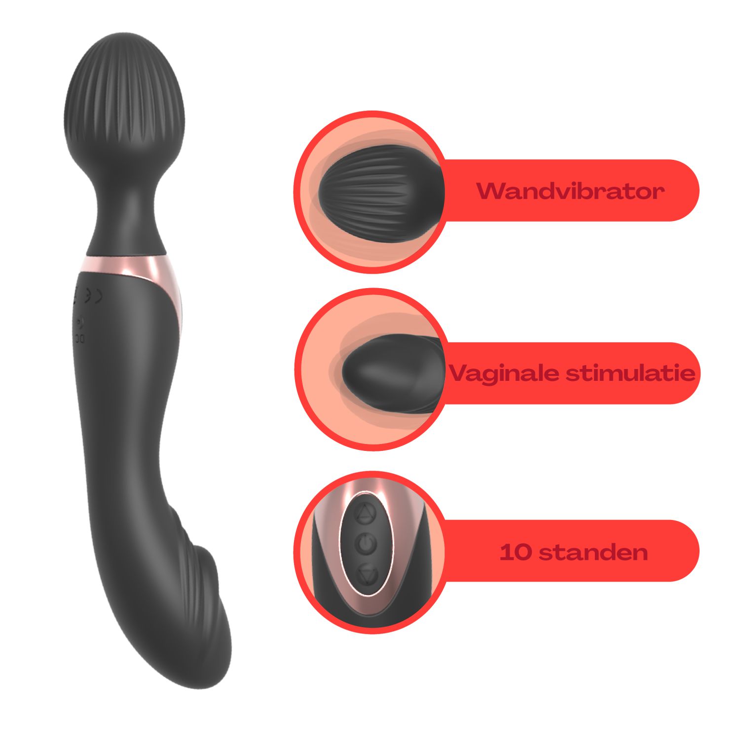dildo Wand vibrator reliëf  2in1  22,1cm zwart